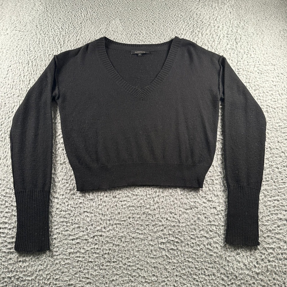Olivaceous Sweater Womens S Black V-Neck Wool Cashmere Blend Long Sleeve Cropped